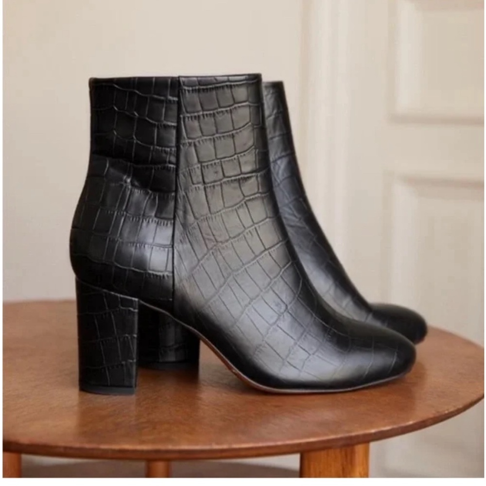 Sezane Black Croc-Embossed Ankle Boots